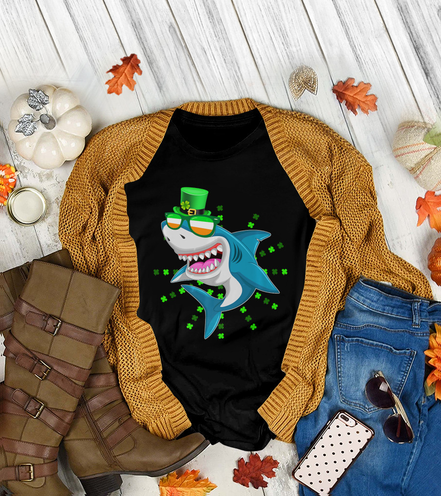 St. Patrick's Day Shark Wearing Irish Sunglasses with Green Hat and Shamrocks T-Shirt