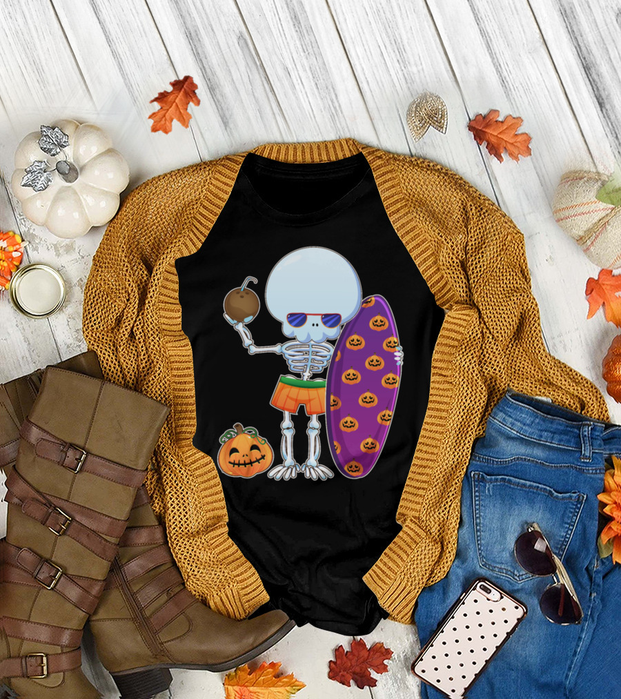 Funny Skeleton Halloween Surfing with Pumpkin Surfboard T-Shirt