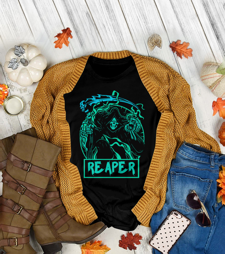 Reaper Neon Skull Scythe Hooded Figure T-Shirt