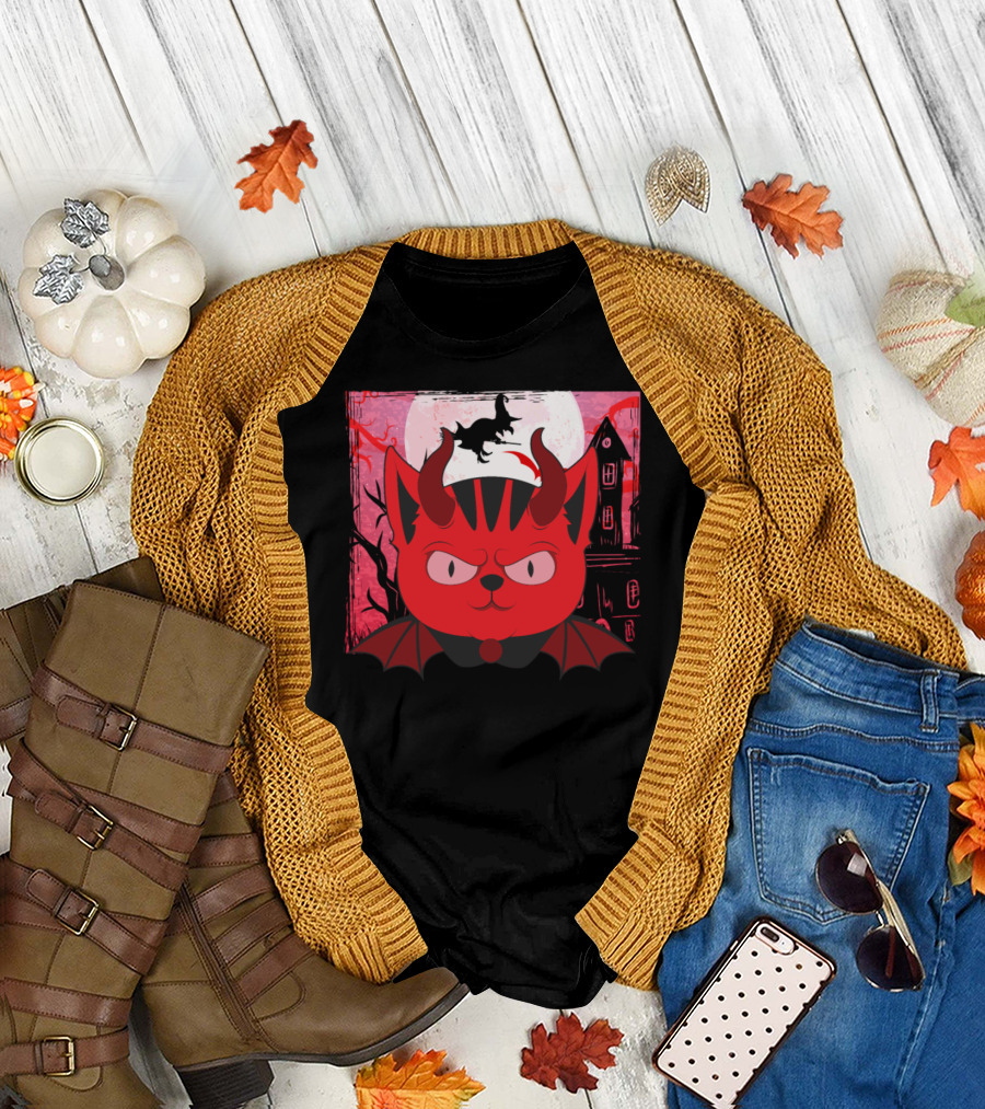 Halloween Devil Cat in Haunted House Scene with Moon and Bats T-Shirt