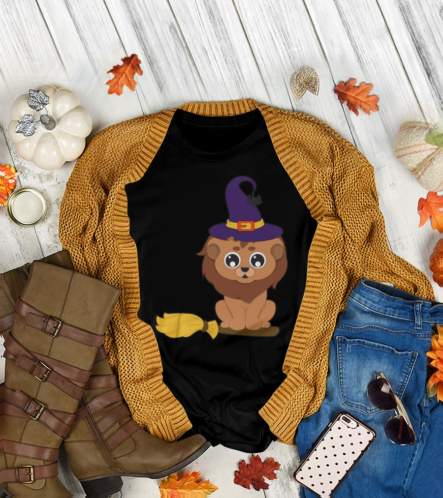 Halloween Lion Witch Riding Broomstick T-Shirt