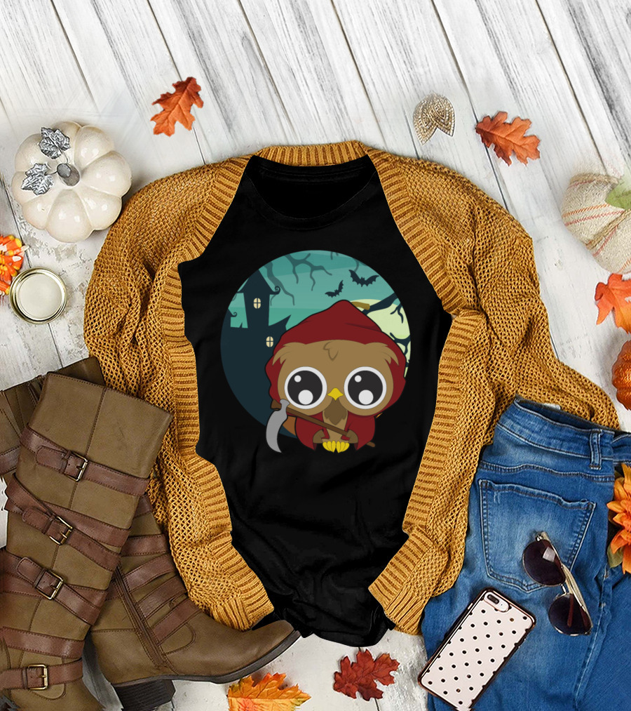 Grim Reaper Owl Halloween Night Scene T-Shirt