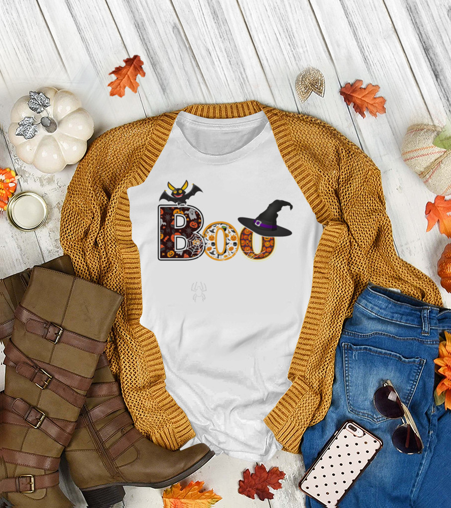 Boo Spider Web Bat Witch Hat Halloween T-Shirt
