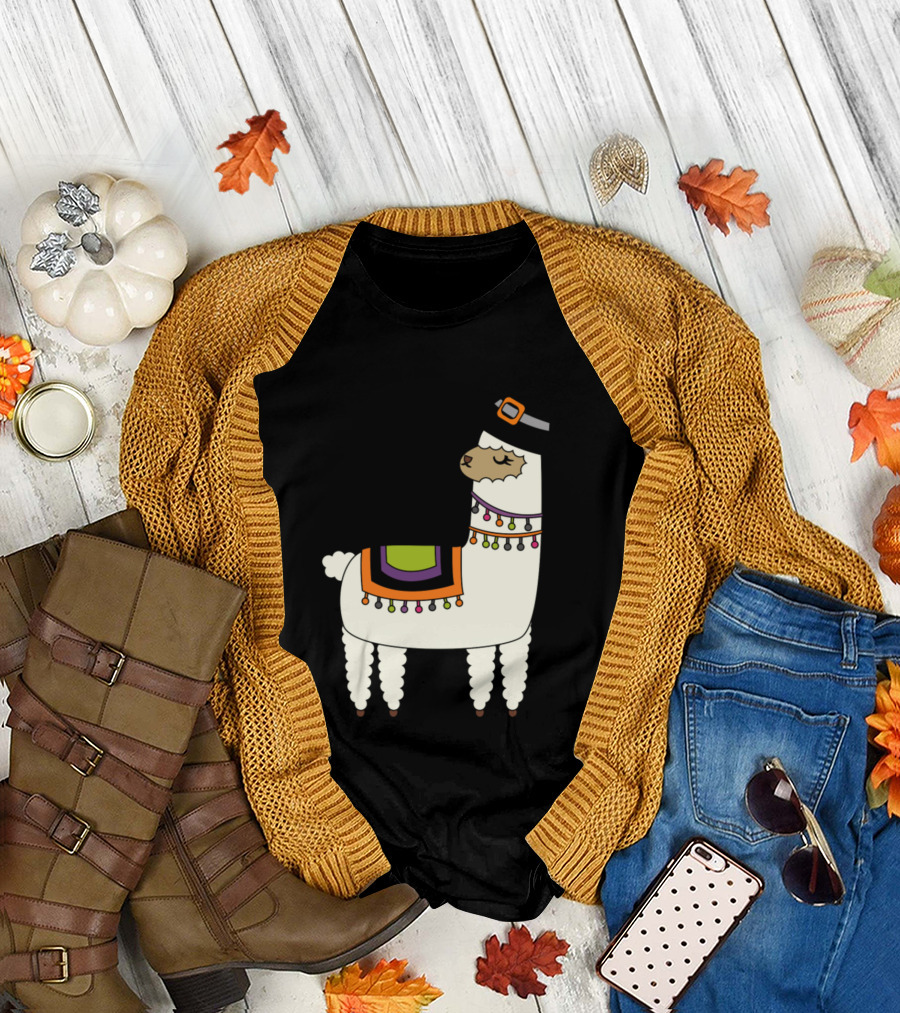 Llama with Witch Hat and Colorful Blanket for Halloween T-Shirt