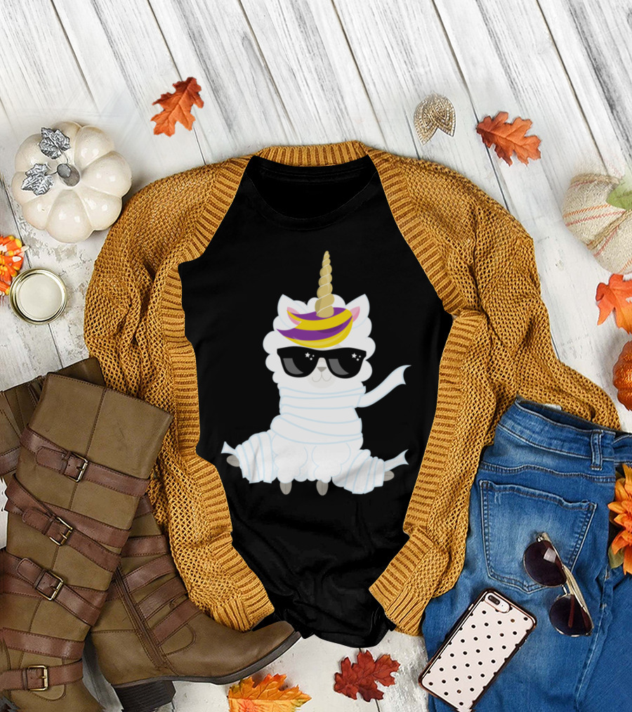 Halloween Unicorn Sheep Mummy with Sunglasses T-Shirt