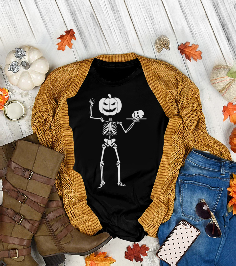 Skeleton with Pumpkin Head Holding Skull Halloween T-Shirt