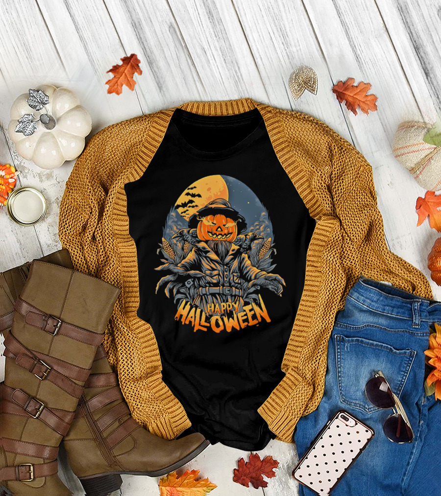 Happy Halloween Pumpkin Scarecrow Under Full Moon with Bats and Corn Stalks T-Shirt