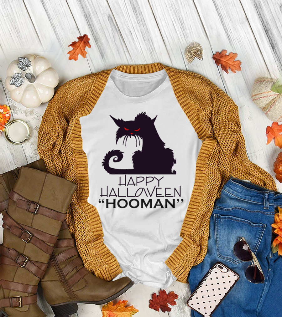 Happy Halloween Hooman Black Cat Red Eyes T-Shirt