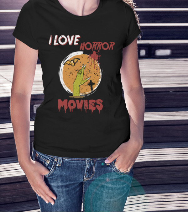 I Love Horror Movies Bat Moon Hand Cross T-Shirt