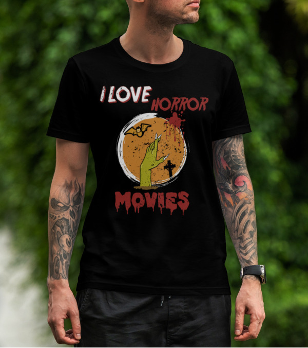 I Love Horror Movies Bat Moon Hand Cross T-Shirt