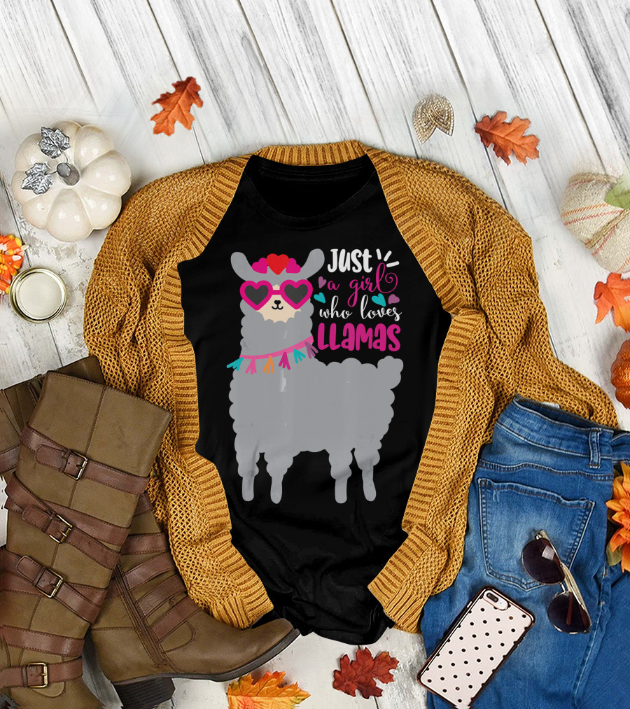 Just A Girl Who Loves Llamas Heart Sunglasses and Scarf T-Shirt