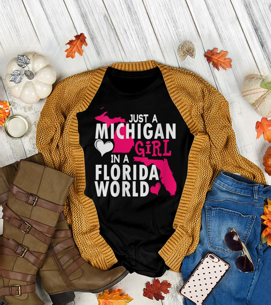 Just A Michigan Girl in a Florida World with Pink Heart Maps T-Shirt