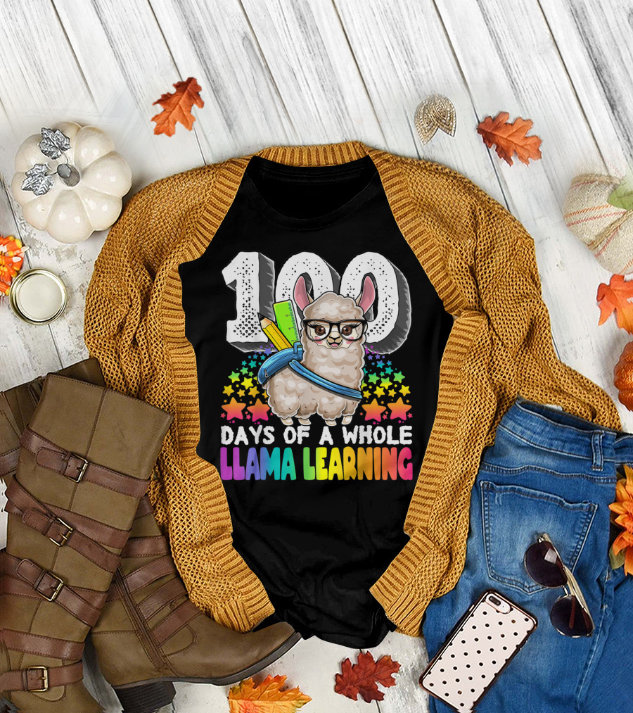 100 Days of a Whole Llama Learning Celebration with Stars and Rainbow Colors T-Shirt