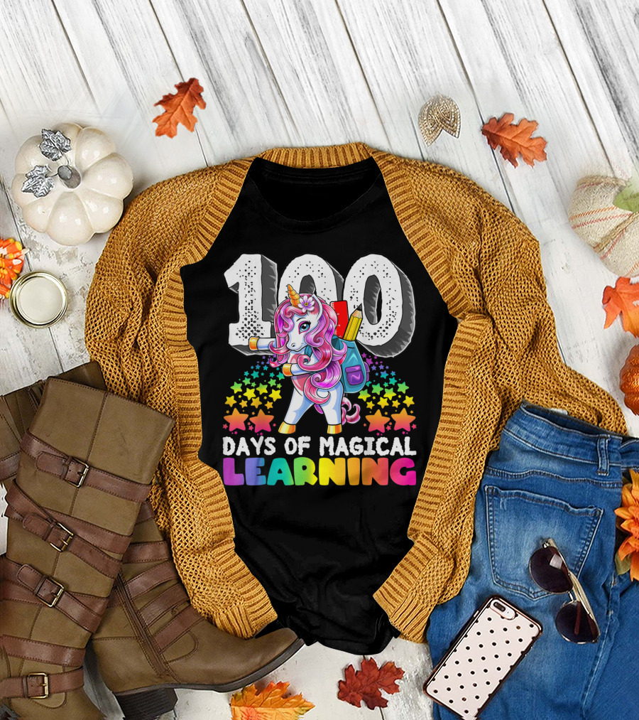 100 Days of Magical Learning Flossing Unicorn with Colorful Stars and Backpack T-Shirt