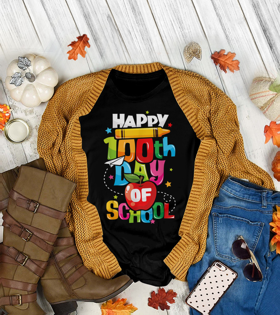 Happy 100th Day of School Apple and Crayon T-Shirt
