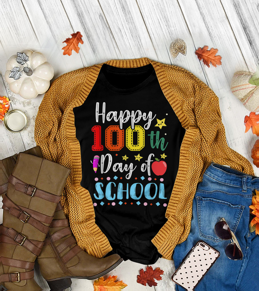 Happy 100th Day of School with Colorful Stars Apple Pencil T-Shirt