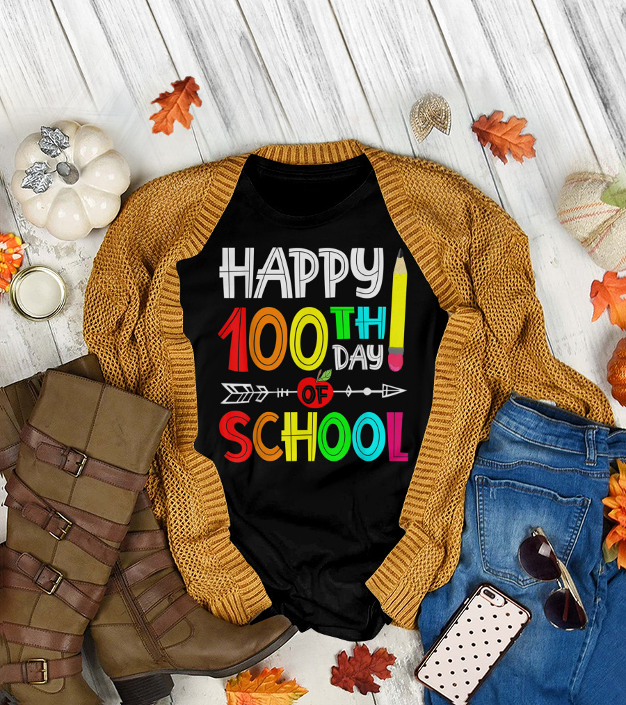Happy 100th Day of School Colorful Pencil Apple Arrow T-Shirt