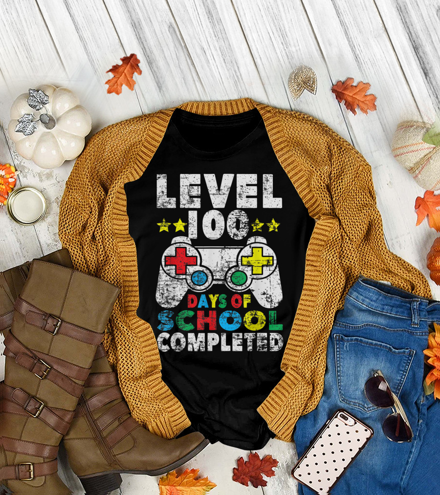 Level 100 Days of School Completed Video Game Controller Stars T-Shirt