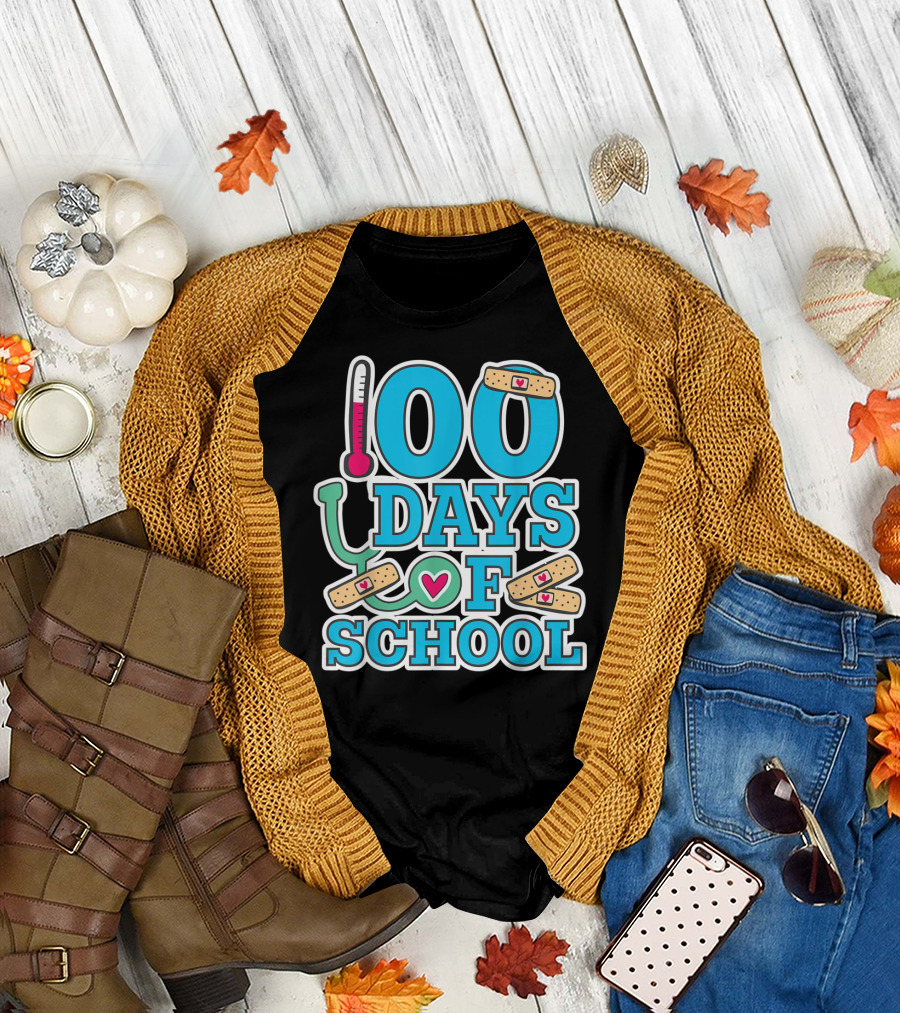100 Days Of School Nurse Theme with Heart Bandages and Stethoscope T-Shirt