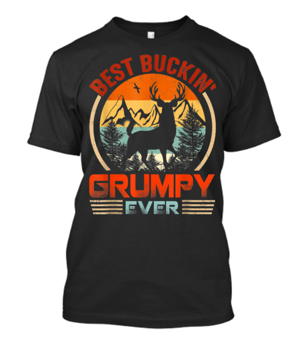 Best Buckin' Grumpy Ever Deer Hunting Bucking Mountains Retro Sunset T-Shirt