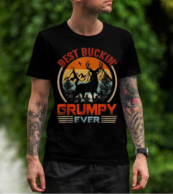 Best Buckin' Grumpy Ever Deer Hunting Bucking Mountains Retro Sunset T-Shirt