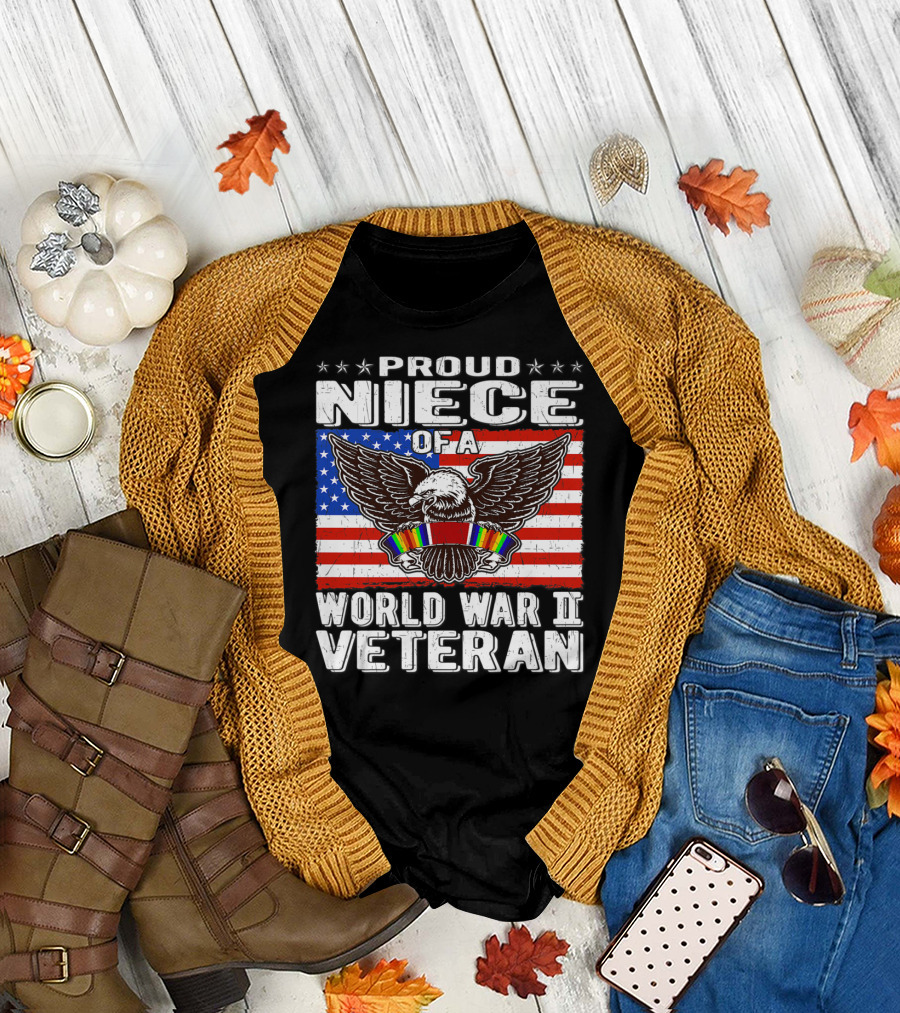 Proud Niece of a World War II Veteran Patriotic American Flag and Eagle T-Shirt