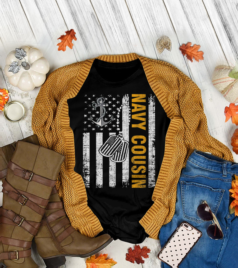 Navy Cousin American Flag Anchor and Dog Tags T-Shirt