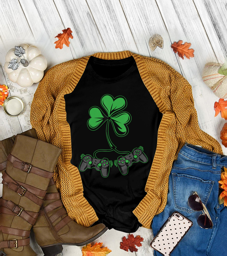 Boys Gaming St Patricks Day Video Game Shamrock Controllers T-Shirt