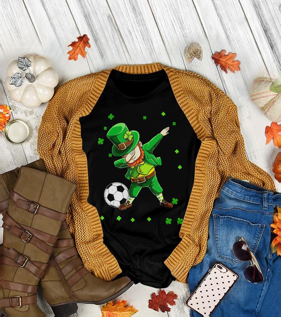 Dabbing Leprechaun with Soccer Ball Surrounded by Shamrocks T-Shirt