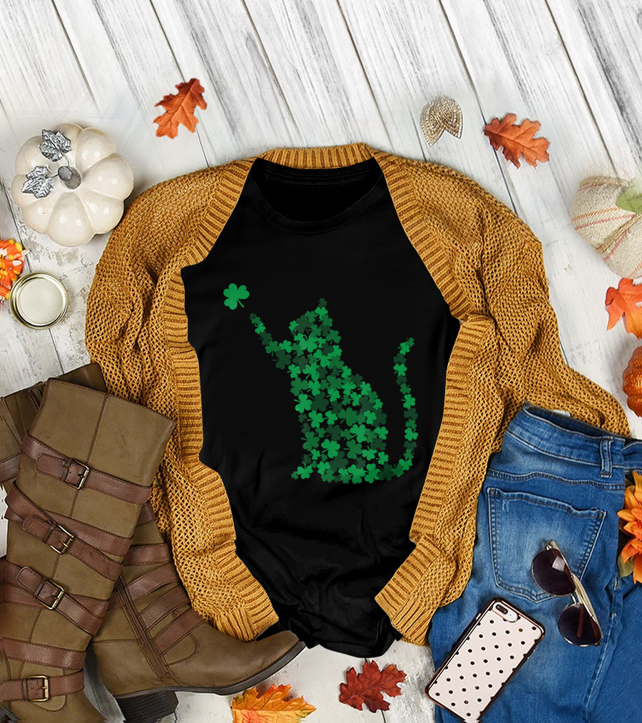 Happy Saint Patrick's Day Cat Made of Shamrocks T-Shirt