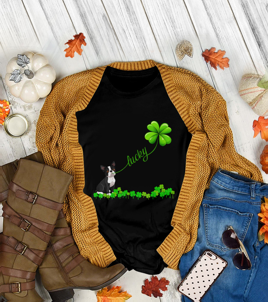 Irish Lucky Boston Terrier with Shamrock T-Shirt