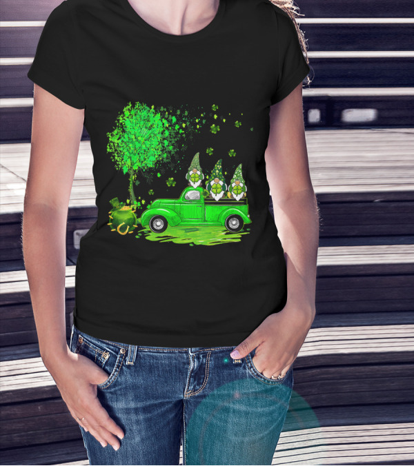 Irish Gnomes On Green Truck With Shamrocks And Pot Of Gold T-Shirt