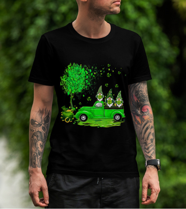 Irish Gnomes On Green Truck With Shamrocks And Pot Of Gold T-Shirt