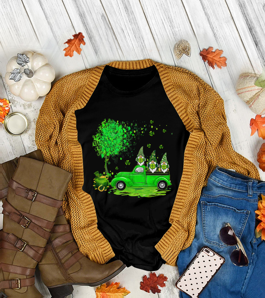 Irish Gnomes on Green Truck with Shamrocks and Pot of Gold T-Shirt