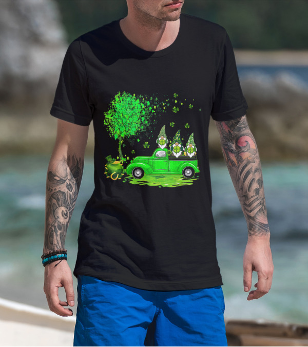 Irish Gnomes On Green Truck With Shamrocks And Pot Of Gold T-Shirt