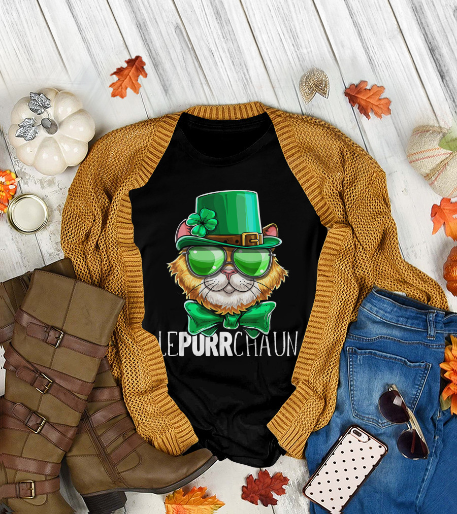 Lepurrchaun St. Patrick's Day Cat with Leprechaun Hat and Bow Tie T-Shirt