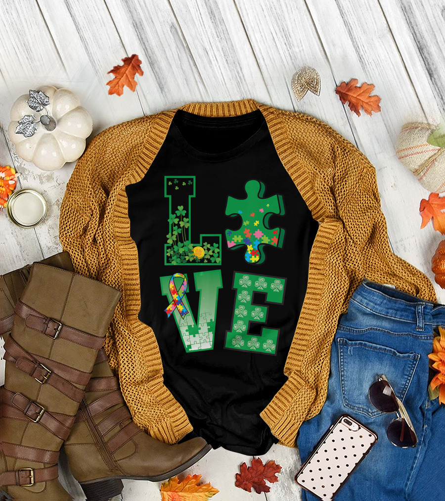 Love Shamrock Puzzle Piece Ribbon St Patrick's Day T-Shirt
