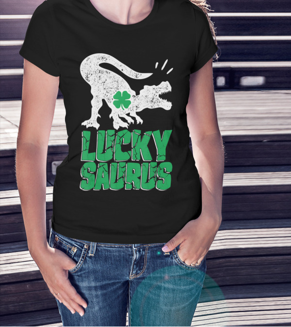 Luckysaurus Dinosaur Shamrock T-Rex Green Charm T-Shirt