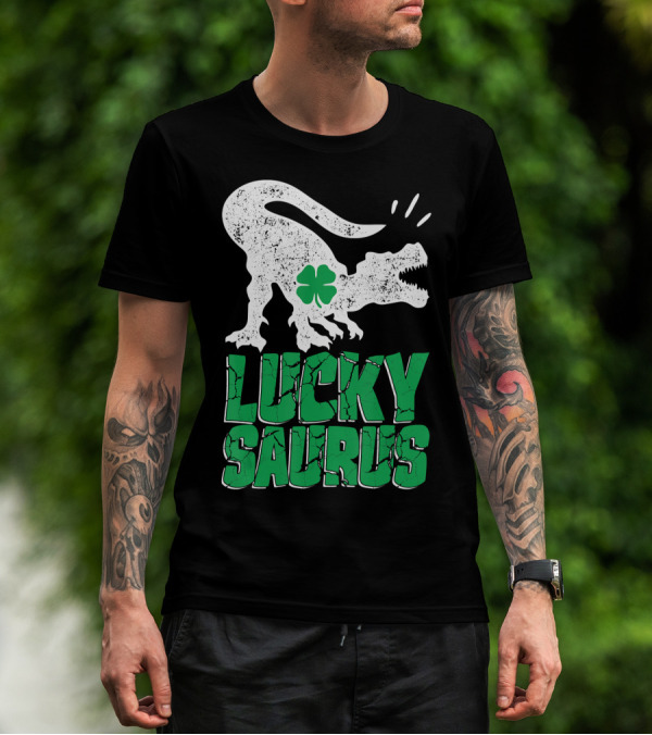 Luckysaurus Dinosaur Shamrock T-Rex Green Charm T-Shirt