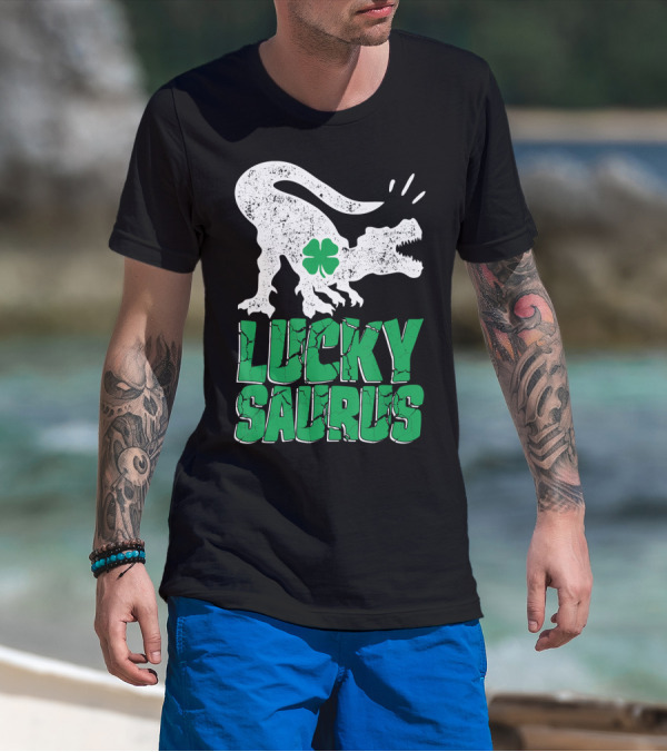 Luckysaurus Dinosaur Shamrock T-Rex Green Charm T-Shirt