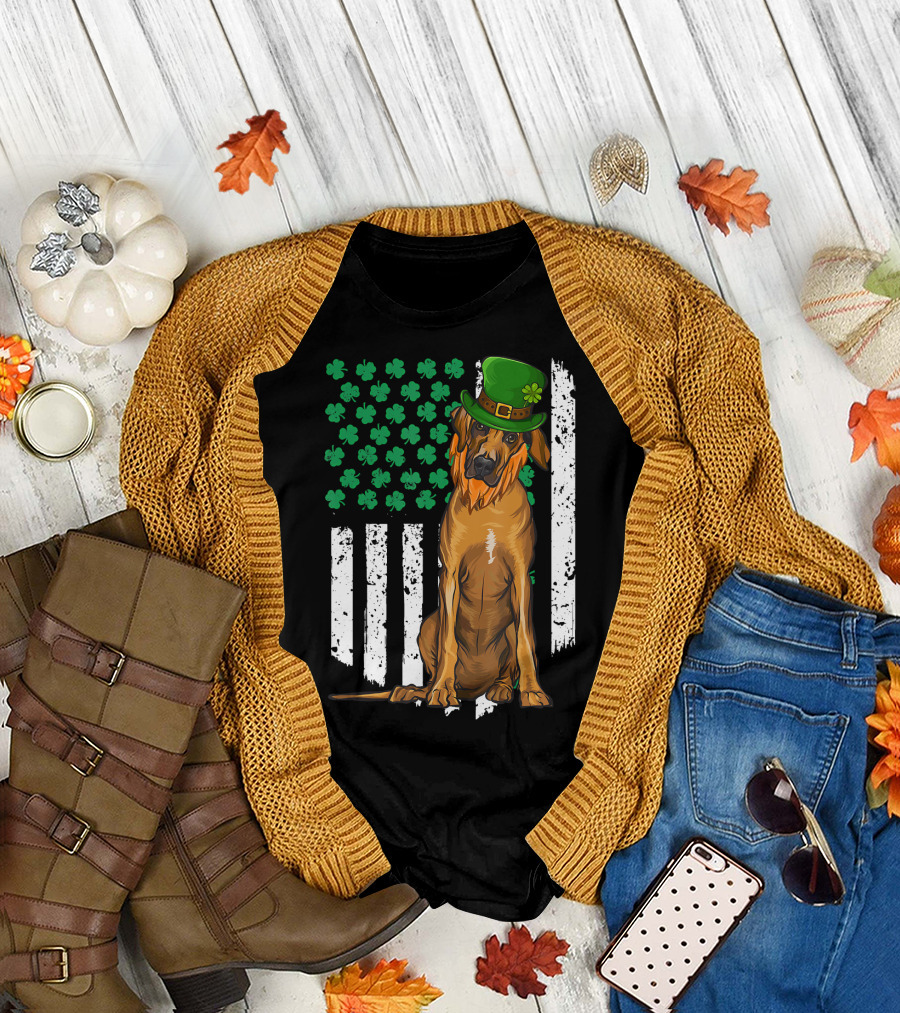Rhodesian Ridgeback with Leprechaun Hat and Shamrock Flag for St Patricks Day Irish T-Shirt