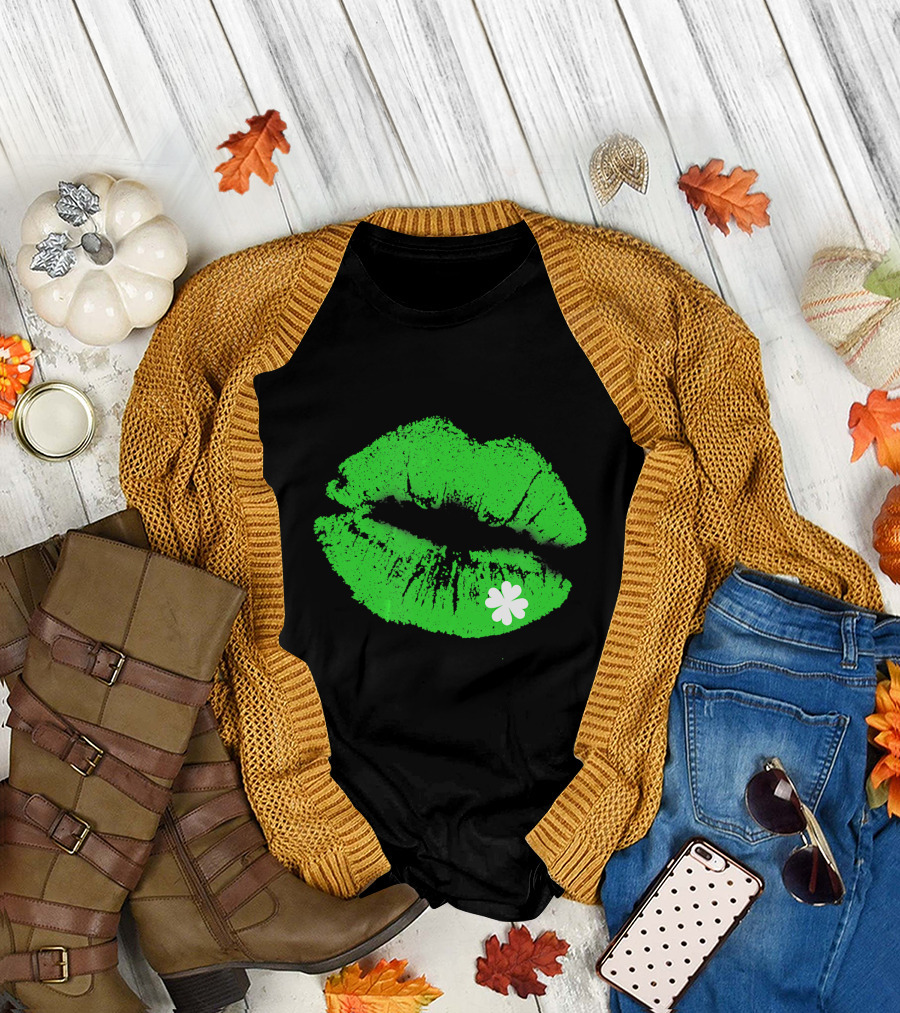 Shamrock Green Lips Kiss with Clover T-Shirt