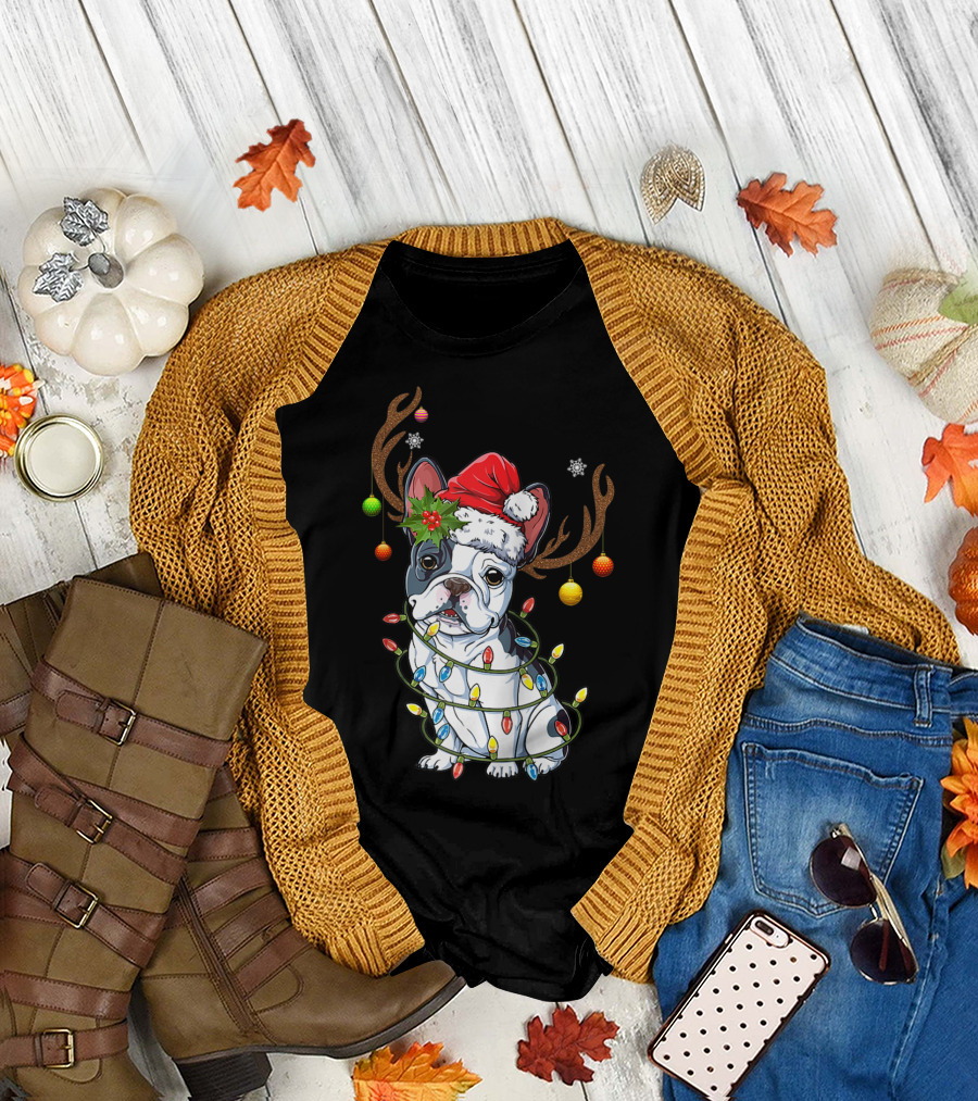 Cute Frenchies Dog Reindeer Antlers Christmas Tree Lights Santa Hat T-Shirt