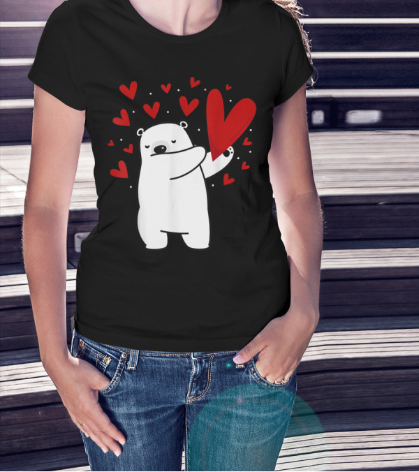 Valentine's Day Polar Bear Dabbing With Red Hearts T-Shirt