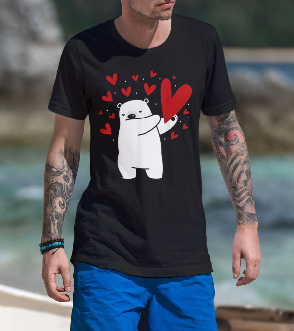 Valentine's Day Polar Bear Dabbing With Red Hearts T-Shirt