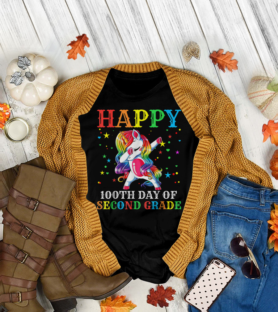 Happy 100th Day Of Second Grade Rainbow Unicorn T-Shirt