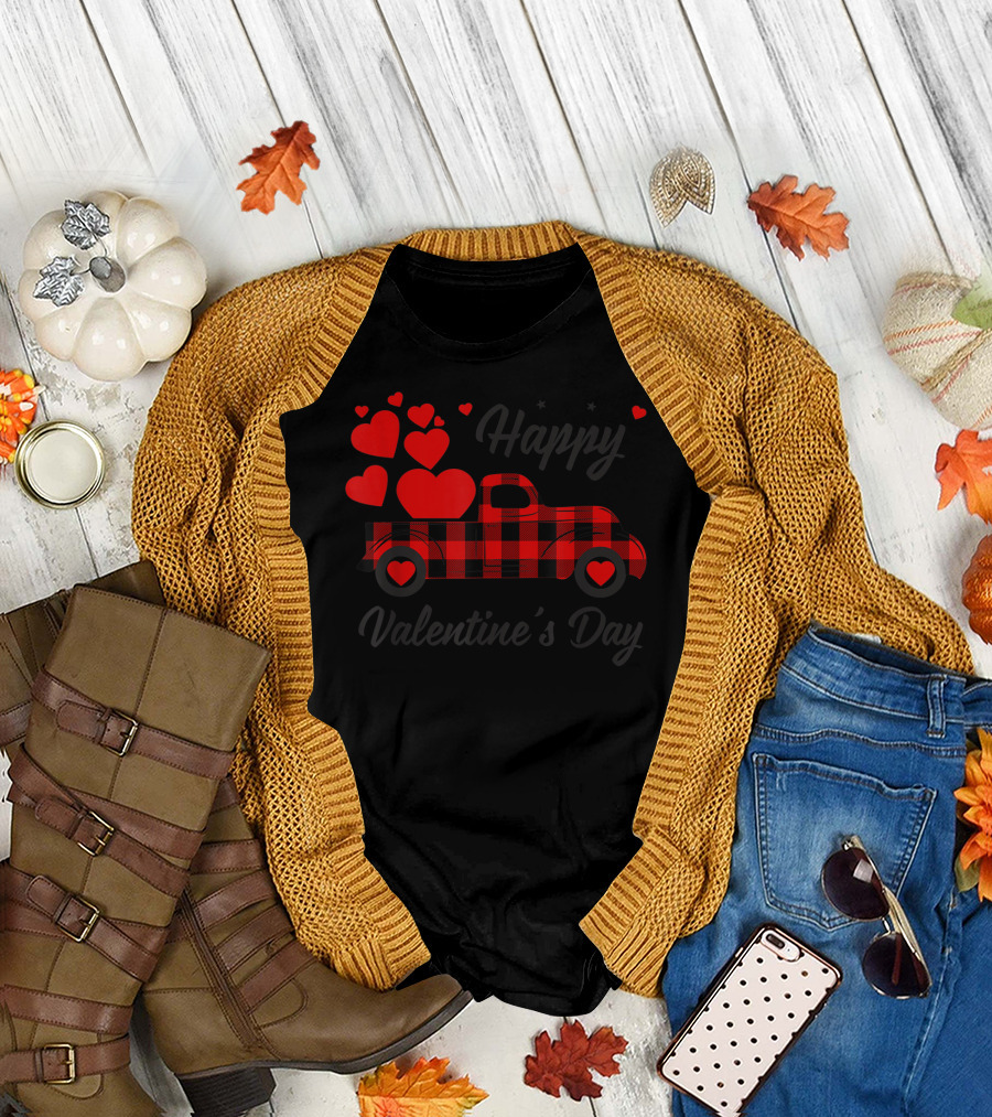 Happy Valentine's Day Buffalo Plaid Truck with Hearts T-Shirt