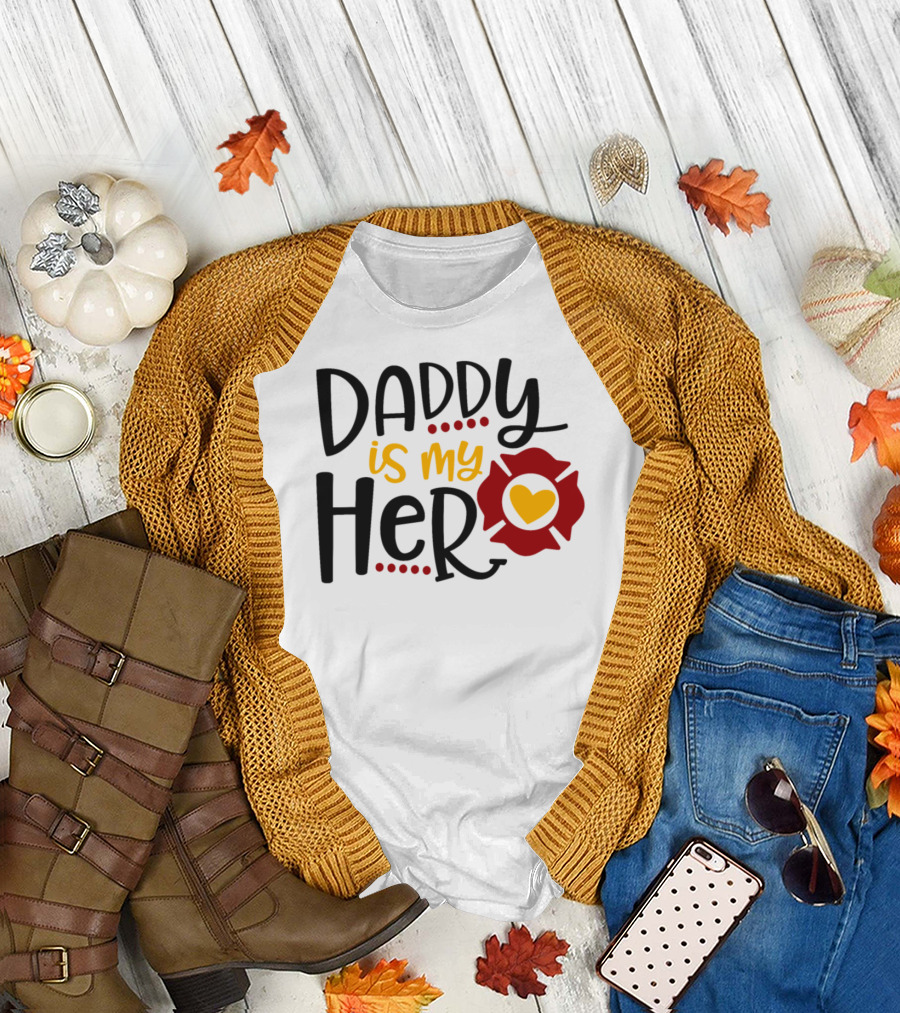 Daddy Is My Hero Firefighter Job Children Badge Heart T-Shirt