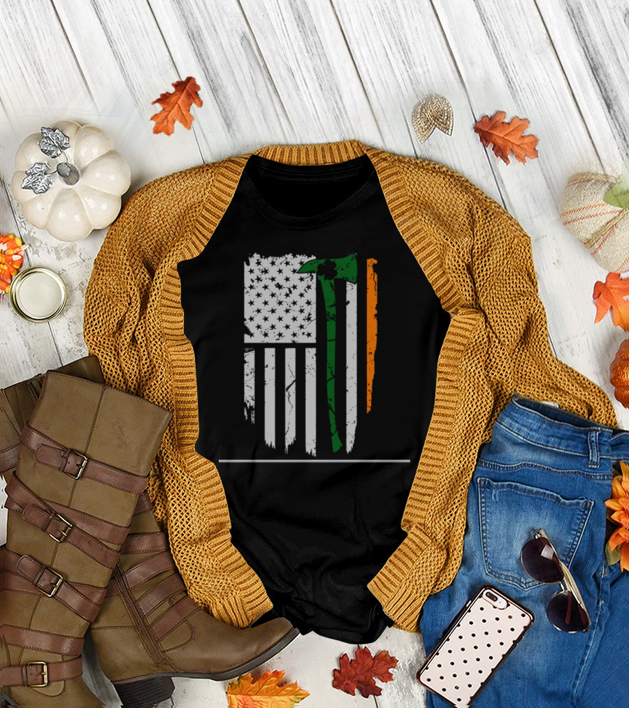 St. Patrick's Day Irish Firefighter US Flag Shamrock Axe T-Shirt