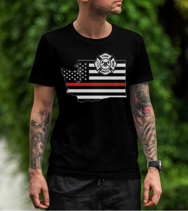 Washington State Fire Dept Shield Flag Thin Red Line T-Shirt